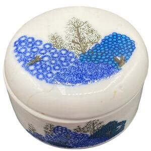 Vintage Trinket Dish Ring Box Made In Taiwan Blue Trees Ceramic With Lid 1970s